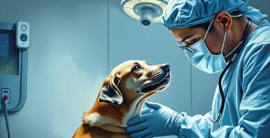 Bild vom Inneren eines Tierheims mit einem Arzt, der einen Hund streichelt