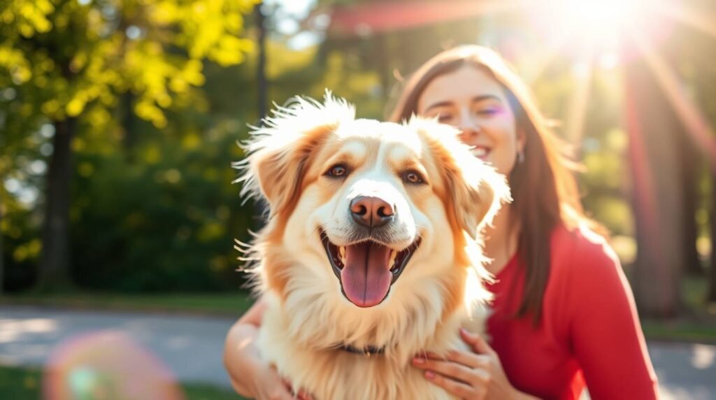 Bild einer lächelnden Besitzerin neben ihrem Hund mit einem Park im Hintergrund und Lichtstrahlen, die die Szene erhellen