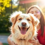 Bild einer lächelnden Besitzerin neben ihrem Hund mit einem Park im Hintergrund und Lichtstrahlen, die die Szene erhellen