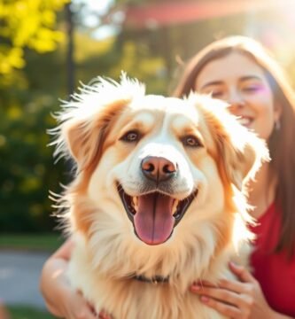 Bild einer lächelnden Besitzerin neben ihrem Hund mit einem Park im Hintergrund und Lichtstrahlen, die die Szene erhellen