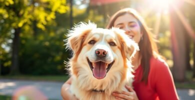 Bild einer lächelnden Besitzerin neben ihrem Hund mit einem Park im Hintergrund und Lichtstrahlen, die die Szene erhellen