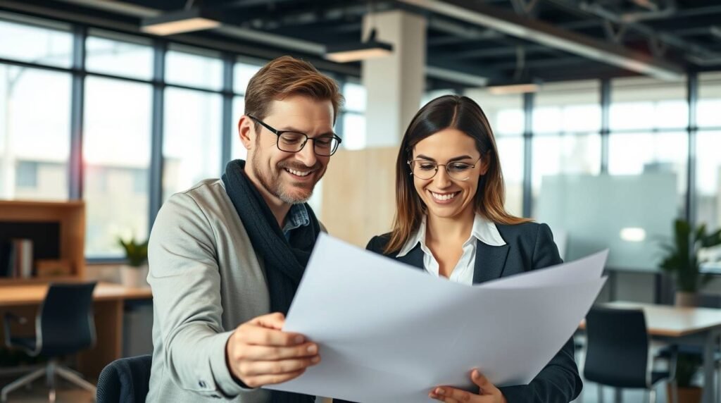 Bild von zwei Personen, die in einem Büro Dokumente prüfen.
