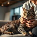 Bild eines Arztes, der mit einer Katze in den Händen auf einem Sofa sitzt
