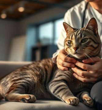 Bild eines Arztes, der mit einer Katze in den Händen auf einem Sofa sitzt