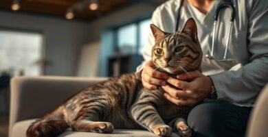 Bild eines Arztes, der mit einer Katze in den Händen auf einem Sofa sitzt