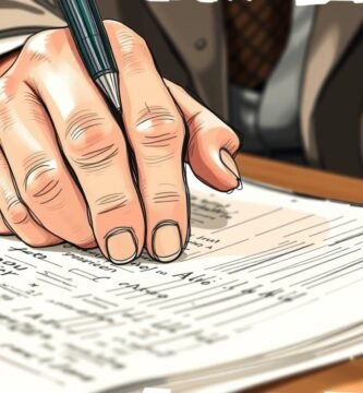 Nahaufnahme einer Person, die Dokumente mit einem Bleistift ausfüllt. Das Bild hat einen Cartoon-Stil