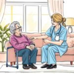 Cartoon-Stil Bild einer Krankenschwester, die sich um eine ältere Frau in einem Haus kümmert