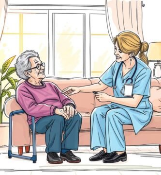 Cartoon-Stil Bild einer Krankenschwester, die sich um eine ältere Frau in einem Haus kümmert