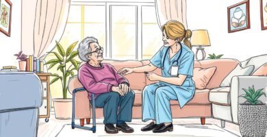 Cartoon-Stil Bild einer Krankenschwester, die sich um eine ältere Frau in einem Haus kümmert