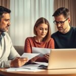Bild einer Familie, die zu Hause am Tisch mit einem Laptop einige Dokumente durchsieht