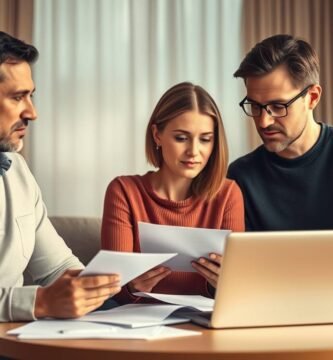 Bild einer Familie, die zu Hause am Tisch mit einem Laptop einige Dokumente durchsieht