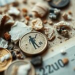 Bild mit einigen Münzen auf einem Dokument mit Holz- und Zementresten sowie medizinischen Symbolen, die eine Befreiung symbolisieren