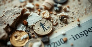 Bild mit einigen Münzen auf einem Dokument mit Holz- und Zementresten sowie medizinischen Symbolen, die eine Befreiung symbolisieren