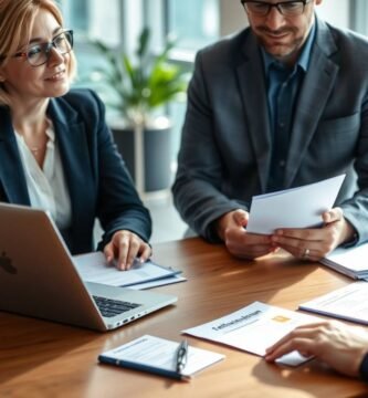 Bild einer Gruppe von Beratern im Gespräch mit einem Kunden, dessen Körper nur im Vordergrund zu sehen ist. Sie befinden sich in einem Büro mit einem Tisch mit Dokumenten und einem Computer.