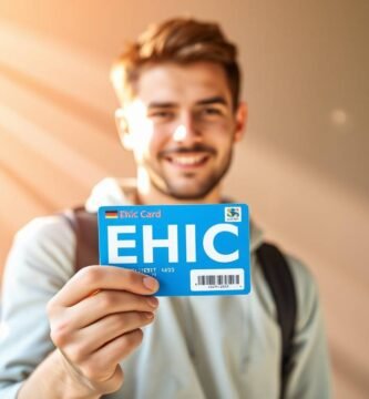 Bild eines jungen Mannes, der seine Krankenversicherungskarte der Europäischen Union vorzeigt, im Hintergrund ein unscharfer Hintergrund mit intensivem Licht, das von oben fällt und die gesamte Szene erhellt.
