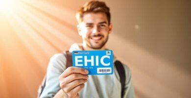 Bild eines jungen Mannes, der seine Krankenversicherungskarte der Europäischen Union vorzeigt, im Hintergrund ein unscharfer Hintergrund mit intensivem Licht, das von oben fällt und die gesamte Szene erhellt.