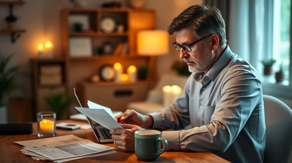 Bild eines Mannes mittleren Alters, der an einem Schreibtisch in seinem Haus einige Dokumente durchsieht. Auf dem Tisch stehen eine Tasse und eine brennende Kerze.