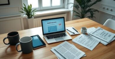 Ein Bild von einem Schreibtisch in einem Wohnzimmer mit Kaffeetassen, einem Laptop, Tablets, Stiften und Versicherungsdokumenten, die über den gesamten Tisch verstreut sind.