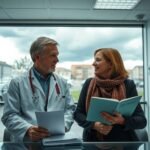 Bild eines Arztes, der in einer Gesundheitseinrichtung mit einer Frau spricht