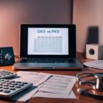 Ein gut beleuchteter Schreibtisch mit einer Lampe, die auf verstreute Taschenrechner und Dokumente scheint. Medizinische Utensilien liegen ebenfalls auf dem Tisch. Auf dem Bildschirm eines eingeschalteten Laptops steht in großen Buchstaben "GKV vs PKV".