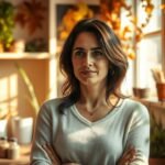 Bild einer Frau mit verschränkten Armen, die mit selbstbewusster Miene nach vorne blickt, in einer Art Garten mit Pflanzen und einem Fenster, durch das Licht einfällt und die gesamte Szene erhellt.