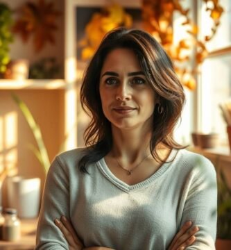 Bild einer Frau mit verschränkten Armen, die mit selbstbewusster Miene nach vorne blickt, in einer Art Garten mit Pflanzen und einem Fenster, durch das Licht einfällt und die gesamte Szene erhellt.