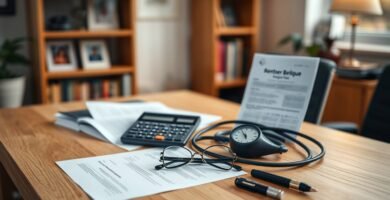 Bild von einem Tisch in einem Büro. Auf dem Tisch befinden sich medizinische Instrumente, Stifte, Dokumente über Versicherungen und ein Taschenrechner. Im unscharfen Hintergrund sind Büromöbel wie ein Bücherregal zu sehen.