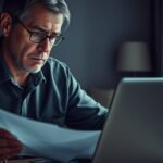 Bild eines Mannes mittleren Alters, der mit besorgtem Gesichtsausdruck an seinem Schreibtisch sitzt und einige Dokumente auf seinem Computer durchsieht.