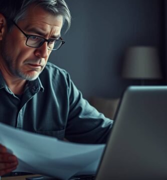 Bild eines Mannes mittleren Alters, der mit besorgtem Gesichtsausdruck an seinem Schreibtisch sitzt und einige Dokumente auf seinem Computer durchsieht.