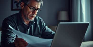 Bild eines Mannes mittleren Alters, der mit besorgtem Gesichtsausdruck an seinem Schreibtisch sitzt und einige Dokumente auf seinem Computer durchsieht.