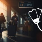 Bild des Innenraums eines Flughafens mit Menschen, die mit Koffern unterwegs sind, an der Seite medizinische Symbole in Weiß wie ein Kreuz und ein stereoskopisches