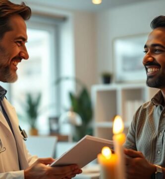 Bild eines Arztes, der mit einem Patienten spricht und lacht, in einem Büro, an dessen Seiten Kerzen brennen