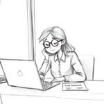 Unbemaltes handgemachtes Bild einer jungen Frau an ihrem Schreibtisch, die einige Dokumente auf ihrem Laptop überprüft, die an ihrem Schreibtisch sitzt