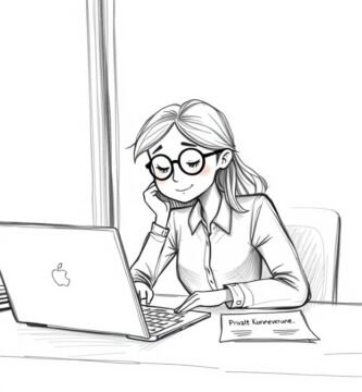 Unbemaltes handgemachtes Bild einer jungen Frau an ihrem Schreibtisch, die einige Dokumente auf ihrem Laptop überprüft, die an ihrem Schreibtisch sitzt