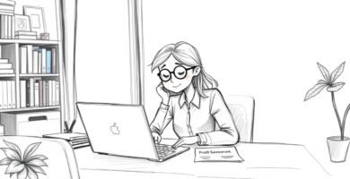 Unbemaltes handgemachtes Bild einer jungen Frau an ihrem Schreibtisch, die einige Dokumente auf ihrem Laptop überprüft, die an ihrem Schreibtisch sitzt