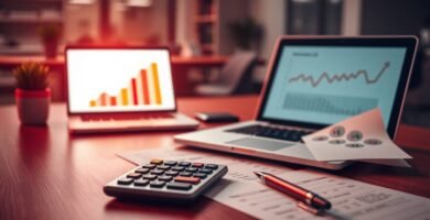 Ein Bild vom Inneren eines Büros mit Blick auf einen Tisch mit einem Taschenrechner, Dokumenten, einem Stift und zwei eingeschalteten Laptops mit Grafiken auf den Bildschirmen.