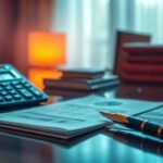 Bild des Inneren eines Büros mit einem Schreibtisch. Auf dem Tisch liegen Dokumente, ein Stift, ein Taschenrechner, und im unscharfen Hintergrund sind Bücher und Tischdekoration zu sehen.