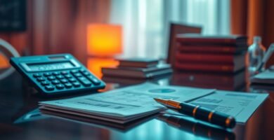 Bild des Inneren eines Büros mit einem Schreibtisch. Auf dem Tisch liegen Dokumente, ein Stift, ein Taschenrechner, und im unscharfen Hintergrund sind Bücher und Tischdekoration zu sehen.