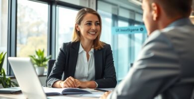 Bild einer Frau, die einen Kunden in einem Büro zu Versicherungsfragen berät