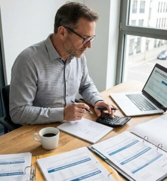 Bild eines Mannes mittleren Alters, der an seinem Schreibtisch sitzt und Dokumente mit seinem Laptop durchsieht.