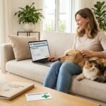 Bild einer Frau, die auf ihrem Sofa ihre Katze und ihren Hund streichelt.