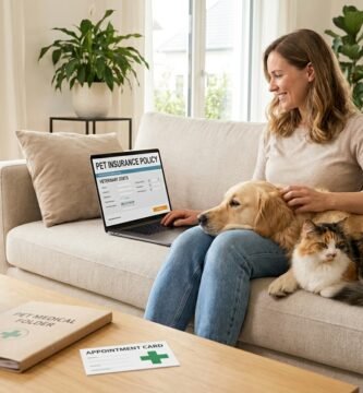 Bild einer Frau, die auf ihrem Sofa ihre Katze und ihren Hund streichelt.