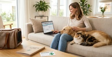 Bild einer Frau, die auf ihrem Sofa ihre Katze und ihren Hund streichelt.