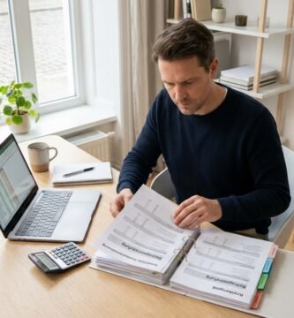 Bild eines Mannes mittleren Alters, der in einem Arbeitszimmer Dokumente auf einem Schreibtisch durchsieht.