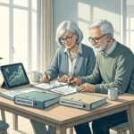 Illustrationszeichnung eines älteren Ehepaares, das an einem Tisch vor einem Tablet-Bildschirm sitzt und Dokumente durchsieht.