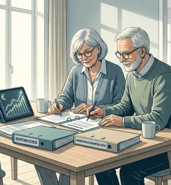Illustrationszeichnung eines älteren Ehepaares, das an einem Tisch vor einem Tablet-Bildschirm sitzt und Dokumente durchsieht.