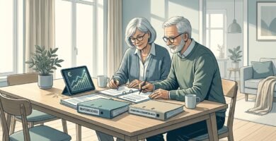 Illustrationszeichnung eines älteren Ehepaares, das an einem Tisch vor einem Tablet-Bildschirm sitzt und Dokumente durchsieht.