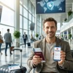 Bild eines Mannes am Flughafen, der sein Handy zeigt
