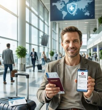 Bild eines Mannes am Flughafen, der sein Handy zeigt