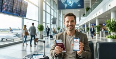 Bild eines Mannes am Flughafen, der sein Handy zeigt